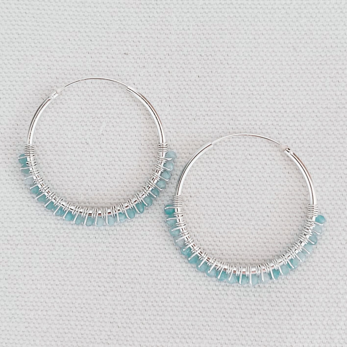 Bohemian boho chic Indriya hoops made of sterling silver and amazonite gemstones