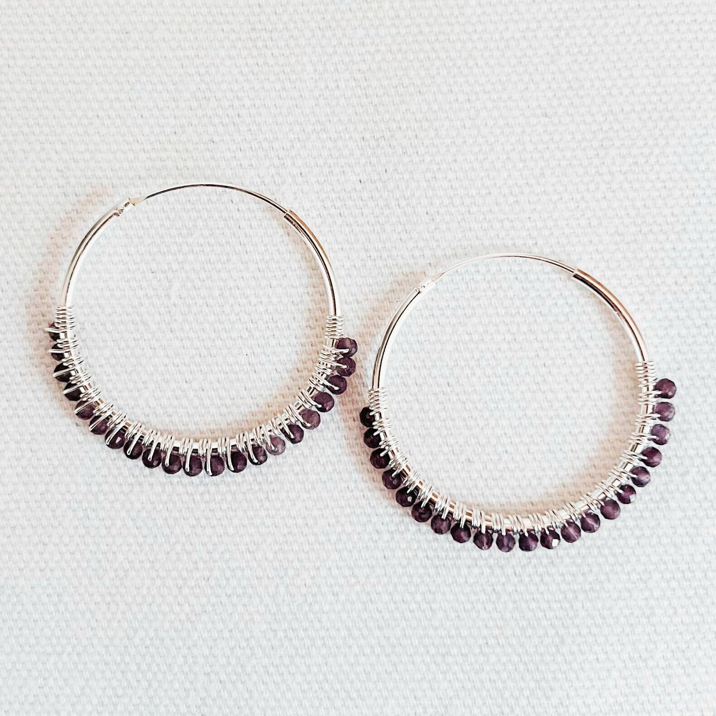 Bohemian boho chic Indriya hoops made of sterling silver and amethyst gemstones