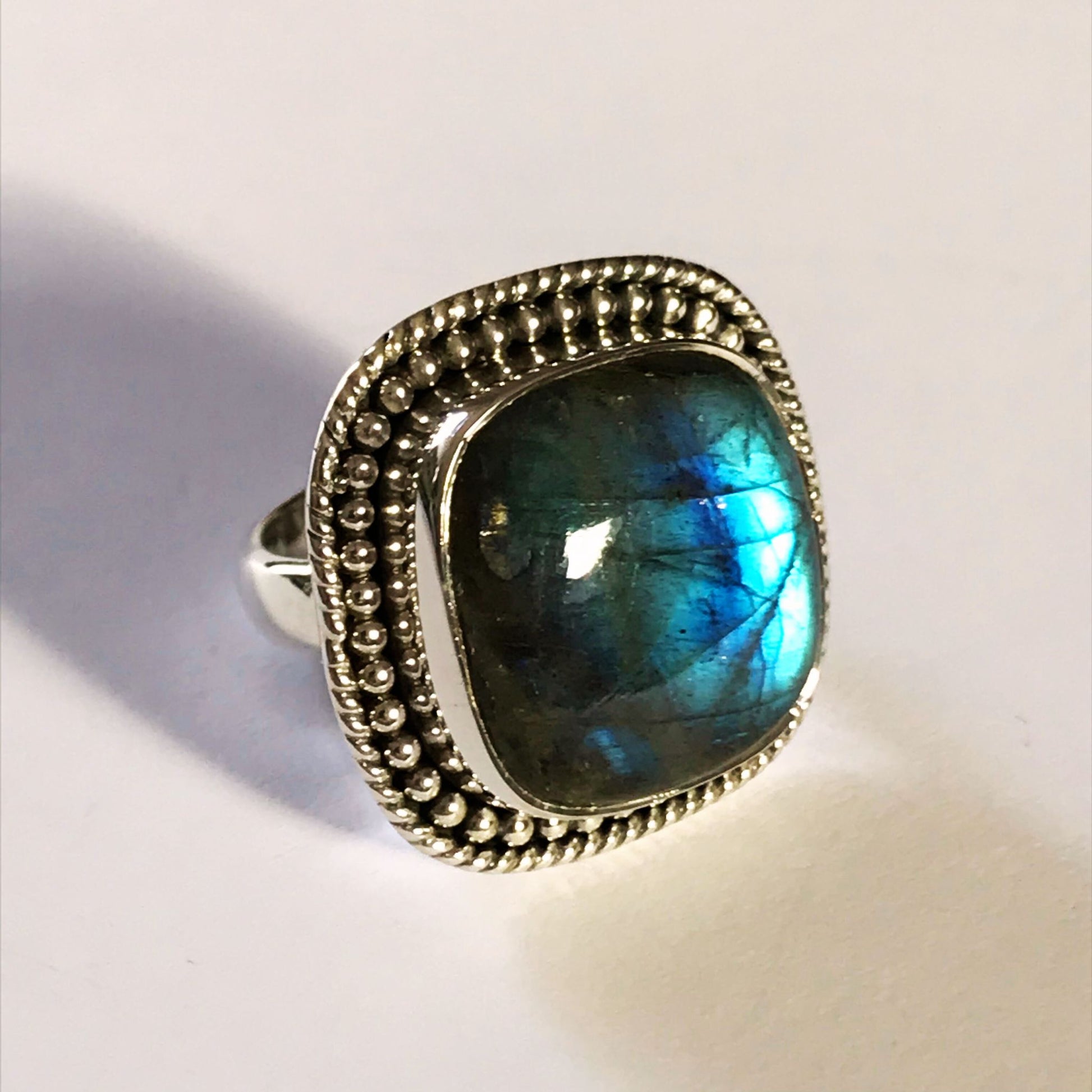 Handmade bohemian style one-of-a-kind sterling silver ring featuring a Labradorite stone