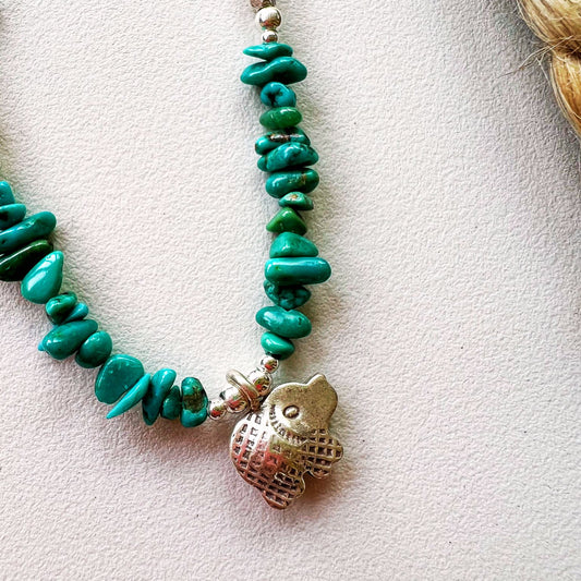 Turquoise beaded bohemian necklace with bear charm