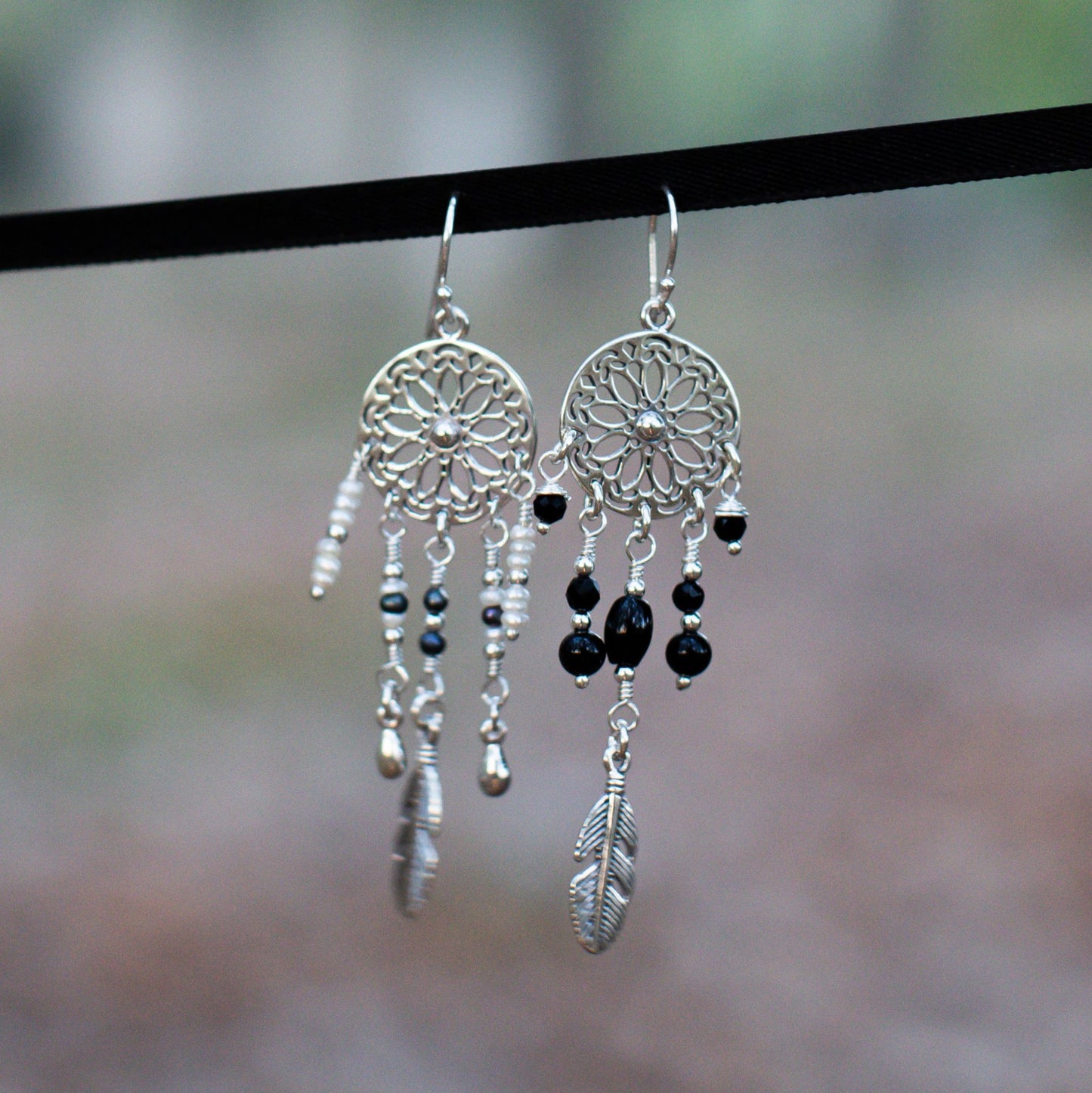 Sterling silver bohemian boho earrings featuring a dreamcatcher with black agate gemstones and pearls