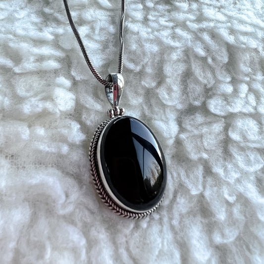 Black agate bohemian boho chic pendant made from the natural gemstone and sterling silver