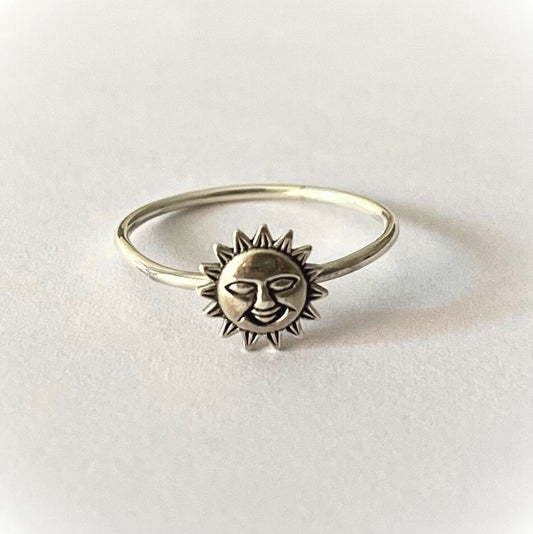 Sterling silver boho chic ring featuring sun