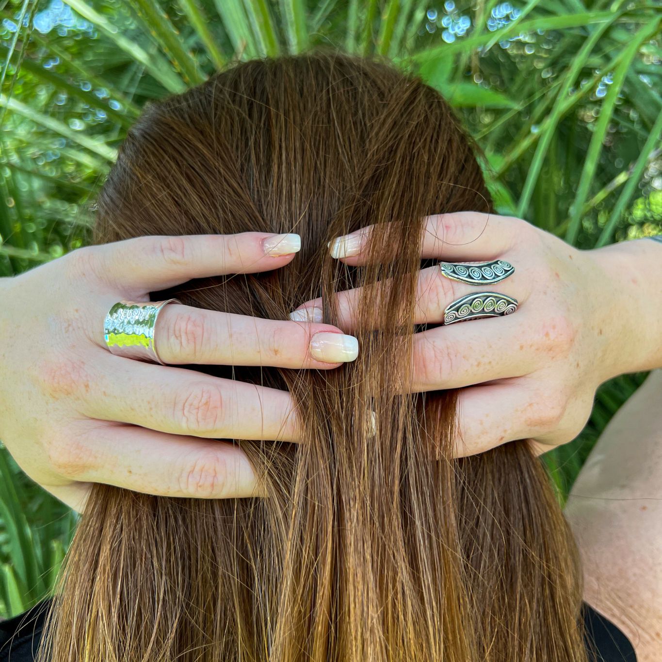 Model wearing bohemian boho chic hippie cuff ring made of sterling silver