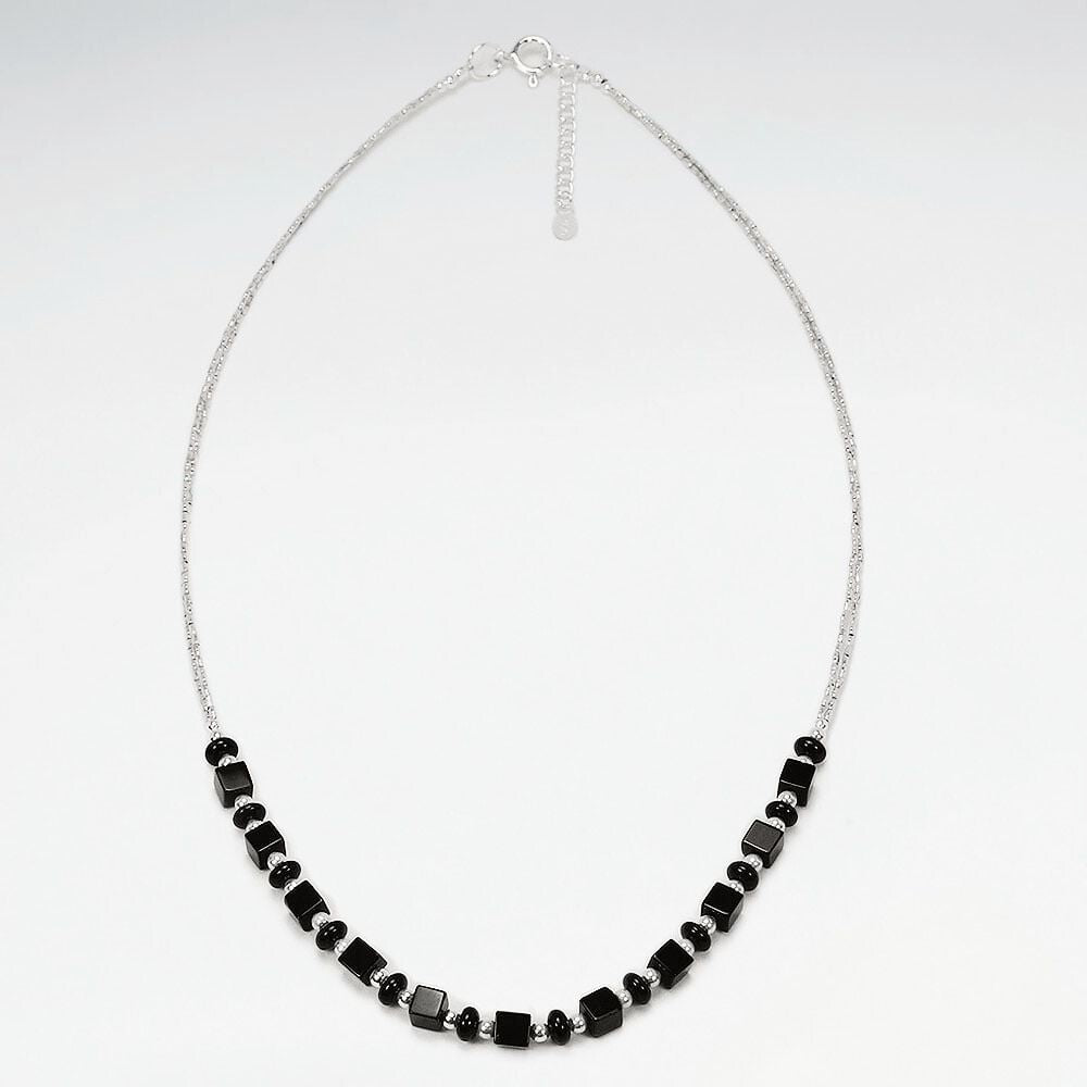 Boho chic bohemian necklace made of sterling silver and black onyx gemstones beads