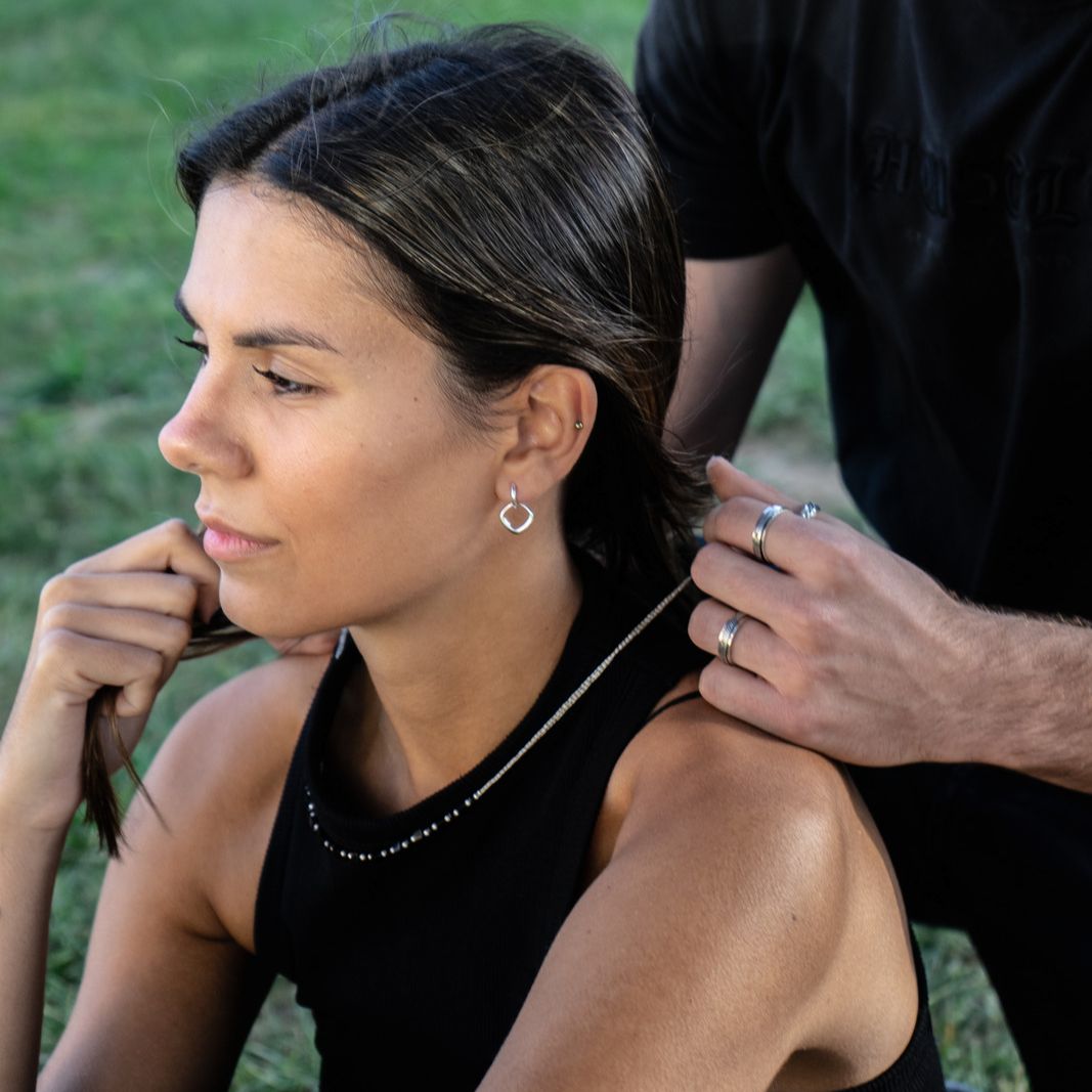 Boho chic bohemian necklace made of sterling silver and black onyx gemstones beads with male and female models