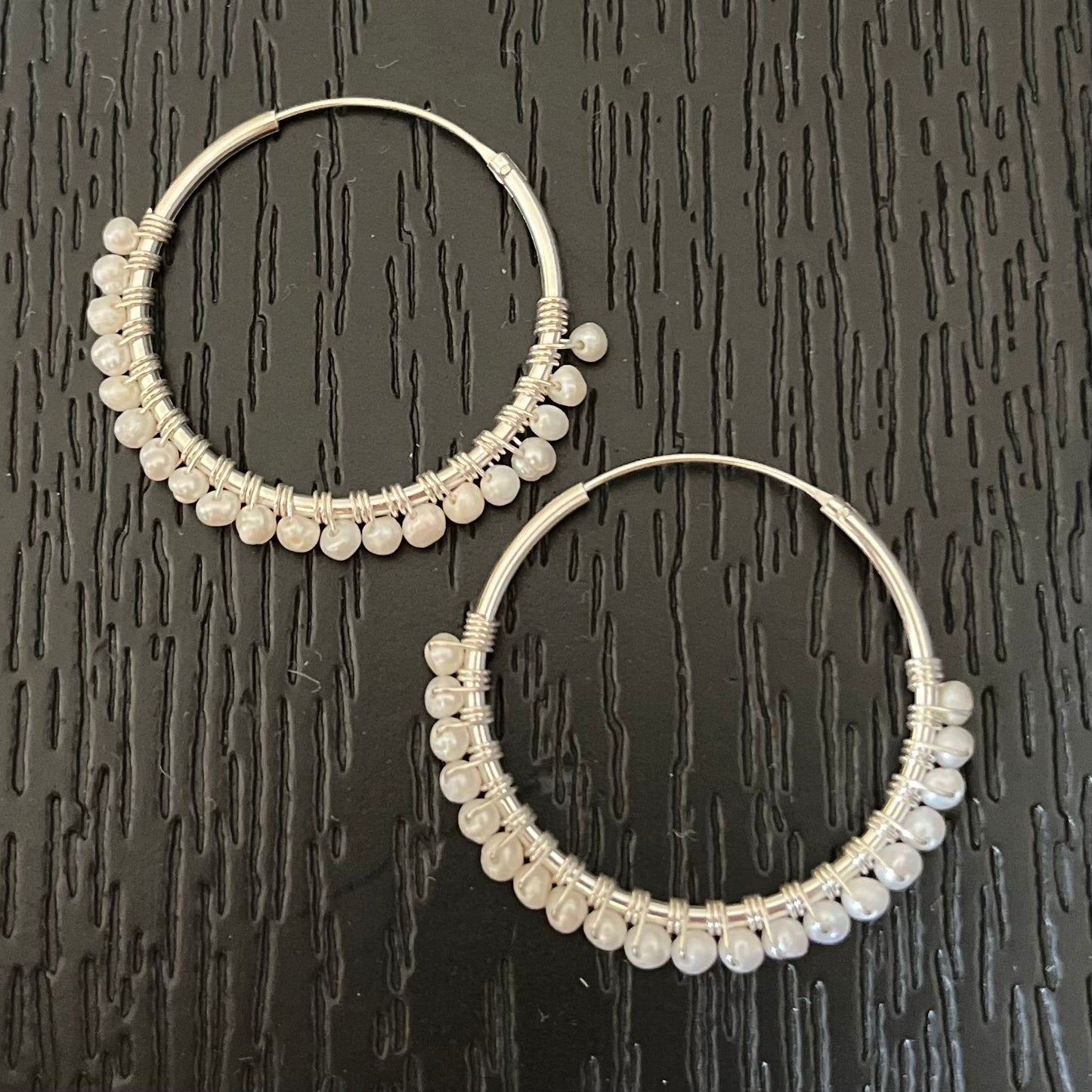 Bohemian boho chic Indriya hoops made of sterling silver and white freshwater pearls