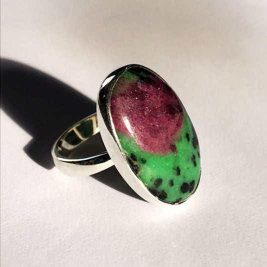 Adjustable one-of-a-kind Ruby Zoisite gemstone boho chic solitaire ring made of sterling silver